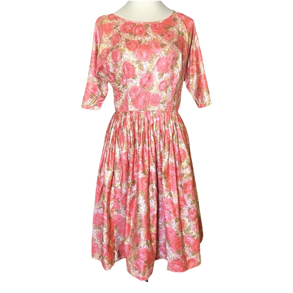 Vintage 1950s Dress Rose Floral Print Cotton Half Sleeve Stunning Dress